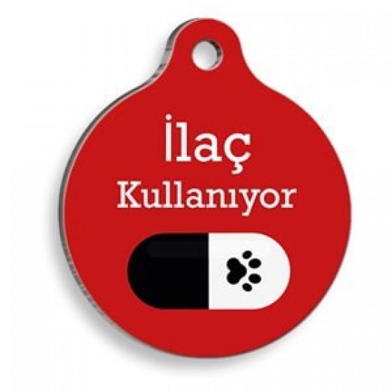 İlaç Kullanıyorum Siyah Hap Yuvarlak Kedi ve Köpek Künyesi 3,8 Cm